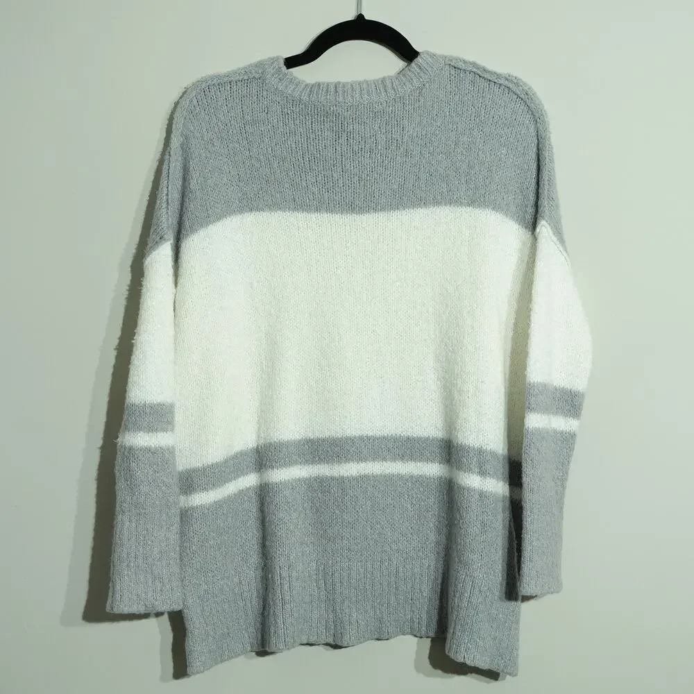 Michael Stars Womens Knit Pullover Sweater Side Slit Striped Gray White Size XS - Picture 7 of 7